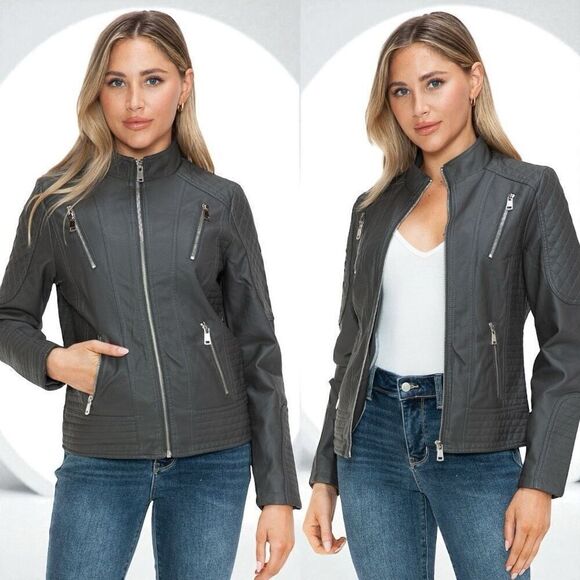 Snobbish Jackets & Blazers - Charcoal Gray Faux Leather Zip Up Mock Neck Jacket XL NWT - Snobbish